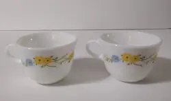 VINTAGE PYREX FLIRTATION TEA CUPS MUGS YELLOW BLUE FLOWERS BUTTERFLY USA SET 2