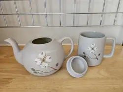 VINTAGE PIGEON FORGE POTTERY-DOGWOOD PATTERN- SMALL STONEWARE TEAPOT AND MUG
