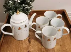 VINTAGE TIENSHAN GOLDEN PINES TEA / COFFEE SERVER, 4 MUGS EUC RARE