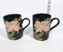 FITZ AND FLOYD CLOISONNE PEONY MUGS (2) BLACK PINK VINTAGE