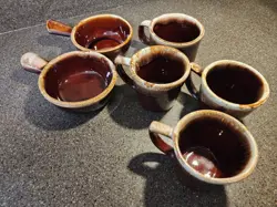 MCCOY POTTERY COFFEE MUGS/BOWLS BROWN DRIP GLAZE STONEWARE USA VINTAGE 6 PIECES