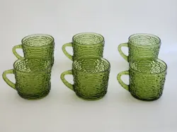 VTG ANCHOR HOCKING SORENO AVOCADO GREEN GLASS  SNACK CUP MUGS SET OF 6