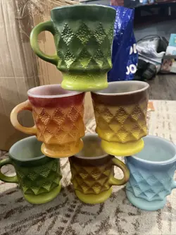 6 VINTAGE ANCHOR HOCKING FIRE KING DIAMOND KIMBERLY COFFEE TEA CUPS STACKABLE