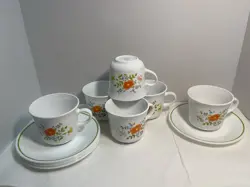 6 VINTAGE CORNING WARE CORELLE SPRING MEADOW COFFEE TEA CUPS AND SAUCERS 1296
