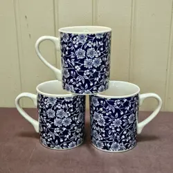 VTG SET OF 3 QUEEN'S COFFEE MUG CUP BLUE CALICO CHINTZ FLORAL 8OZ MALAYSIA