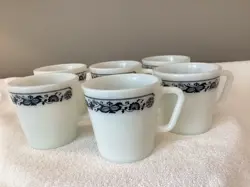 6 VINTAGE PYREX MILK GLASS ~OLD TOWN BLUE PATTERN MUGS ~ D-HANDLE