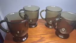 4 VINTAGE ANCHOR HOCKING FOOTED MUG AMBER BROWN GLASS COFFEE TEA MUG 16 OZ