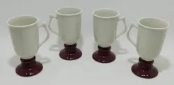 4 HALL POTTERY MUGS, VINTAGE WHITE & BROWN IRISH COFFEE FOOTED PEDESTAL USA 1273