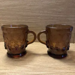 2 VTG ANCHOR HOCKING FIRE KING AMBER BROWN DIAMOND KIMBERLY COFFEE MUGS PAIR