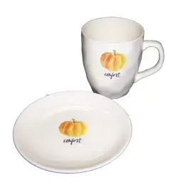 VINTAGE RAE DUNN MAGENTA PUMPKIN COMFORT MUG & PLATE FALL THANKSGIVING HALLOWEEN