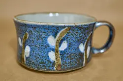 OTAGIRI PUSSYWILLOW SOUP MUG, BLUE & BROWN SPECKLED VINTAGE STONEWARE