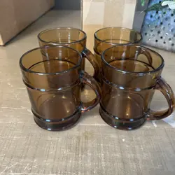VINTAGE ANCHOR HOCKING FIRE KING AMBER BROWN GLASS BARREL STYLE MUGS SET OF 4