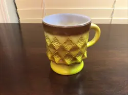 VINTAGE ANCHOR HOCKING FIRE KING KIMBERLY DIAMOND COFFEE CUP MUG YELLOW BROWN