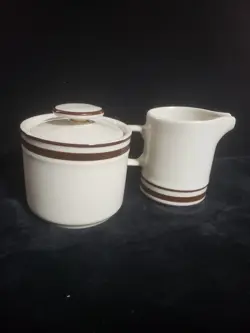 NO CHIPS/CRACKS VINTAGE ORBIT STONEWARE 221 BROWN COFFEE CREAMER SUGAR JAPAN