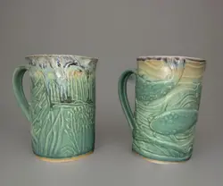 VINTAGE BARBARA HARING POTTERY MUG KOI FISH + MUG PALM TREE CELADON GREEN SIGNED