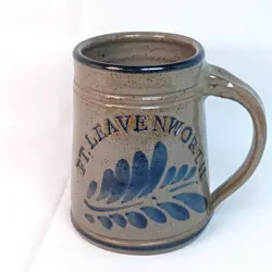 VINTAGE 1994 SIGNED SALT GLAZED STONEWARE POTTERY BLUE LEAF MUG VERY NICE!