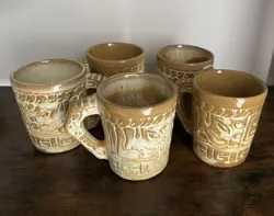 SET OF 5 VINTAGE FRANKOMA POTTERY COFFEE MUGS 7C MAYAN AZTEC DESERT GOLD  CUPS