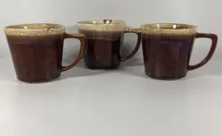 3 VINTAGE MCCOY GLAZED BROWN POTTERY MUGS, COFFEE CUPS, TEA MUGS, MC COY