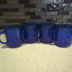 4 VINTAGE ARCOROC COBALT BLUE SWIRL GLASS COFFEE CUPS MUGS - MADE IN FRANCE
