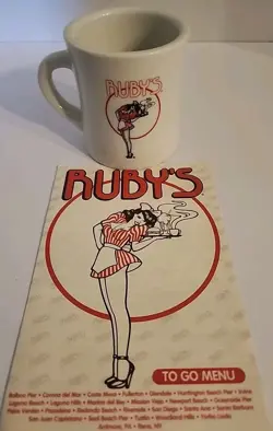 VINTAGE RUBYS DINER  RESTAURANT COFFEE MUG HEAVY CUP PIN UP CALI USA W/MENU