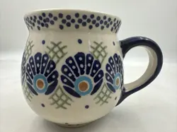 VTG POLISH POTTERY COFFEE MUG CUP BLUE PEACOCK YELLOW CENTER 16OZ BUBBLE