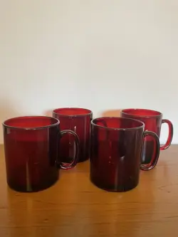SET OF 4 VINTAGE ARCOROC FRANCE RUBY RED GLASS MUGS