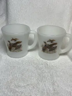 VINTAGE FIRE KING COFFEE 2 MUG CUP RUFFED GROUSE MILK GLASS MADE IN USA HUNTING