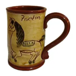 COFFEE MUG FREIDAN PEACE DECORATED REDWARE SJ POTTERY BETHEL MISSOURI VINTAGE