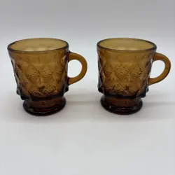 VINTAGE ANCHOR HOCKING FIRE KING AMBER BROWN DIAMOND KIMBERLY MUGS PAIR LOT OF 2
