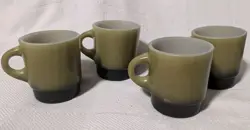 VINTAGE SET 4 AVOCADO GREEN MILK GLASS FIRE KING ANCHOR HOCKING MUG STACKING CUP