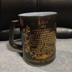 LIBRA ZODIAC ASTROLOGY FEDERAL VINTAGE MCM MILKGLASS BLACK & GOLD COFFEE MUG CUP