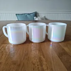 SET OF 3 VINTAGE MUGS FEDERAL GLASS MOON GLOW IRIDESCENT MILK GLASS D HANDLE