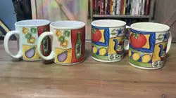 SET OF 4 SAKURA SUE ZIPKIN VINTAGE MUGS ||  COLORFUL 90S KITCHENWARE