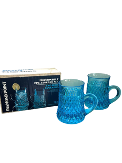 VTG INDIANA GLASS HORIZON BLUE DIAMOND POINT PATTERN TANKARD MUG SET OF 2 NOS