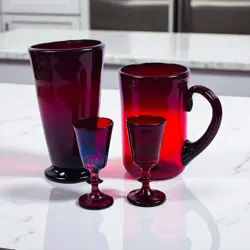CLEVENGER BROTHERS VINTAGE CRANBERRY HAND BLOWN GLASS, MUG & 2 CORDIAL GLASSES