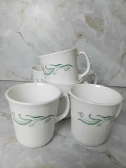 CORNING EMILY PATTERN MUGS, GREEN AND WHITE, LEAVES VINTAGE MUGS, GOOD CONDITION