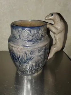 VINTAGE BEAUMONT BROTHERS POTTERY MUG GREYHOUND DOG HANDLE BLUE & WHITE W/DEER
