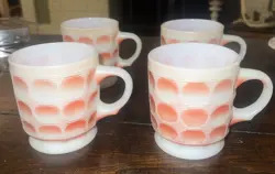 4 VINTAGE FIRE KING CAMELOT COIN DOT RED THUMBPRINT COFFEE CUPS MUGS
