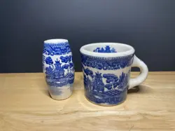VINTAGE BLUE WILLOW MUG AND SALT SHAKER JAPAN