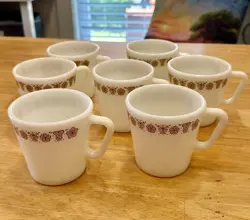 SET OF 7 VINTAGE PYREX MILK GLASS BUTTERFLY GOLD D-HANDLE COFFEE MUGS