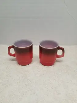 LOT OF 2 VINTAGE FIRE KING ANCHOR HOCKING RED BROWN OMBRE STACKING COFFEE MUGS