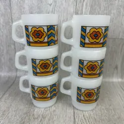 6 = VINTAGE FIRE KING MILK GLASS RETRO COFFEE CUP FLOWER DESIGN MADE IN USA