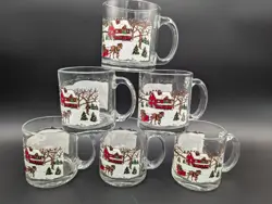 LIBBY'S CHRISTMAS WINTER VILLAGE SNOW SCENE GLASS MUGS - SET OF 6 VTG CHRISTMAS