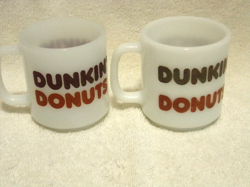 2 VINTAGE GLASBAKE DUNKIN DONUTS MILK GLASS MUGS CUPS