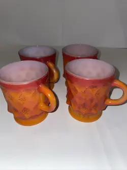 4 VINTAGE ANCHOR HOCKING FIRE KING KIMBERLY DIAMOND PATTERN COFFEE MUG ORANGE.