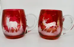 VINTAGE BOHEMIAN RUBY RED GLASS MUGS ETCHED TO CLEAR DEER FOREST SCENE