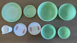 JADEITE FIRE KING BOWL PLATE LOT GREEN WHITE FLORAL MUG VINTAGE SWIRL MADE IN US