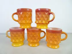 VTG SET OF 5 ANCHOR HOCKING FIRE KING KIMBERLY DIAMOND MUGS ORANGE OMBRE