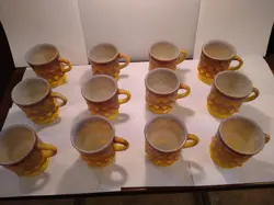 12 VINTAGE FIRE KING KIMBERLY YELLOW BROWN COFFEE MUGS CUPS SET  OF 12 1970S