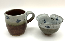 HAND THROWN POTTERY ESPRESSO CUP AND SMALL BOWL ARTIST SIGNED FLORAL VINTAGE